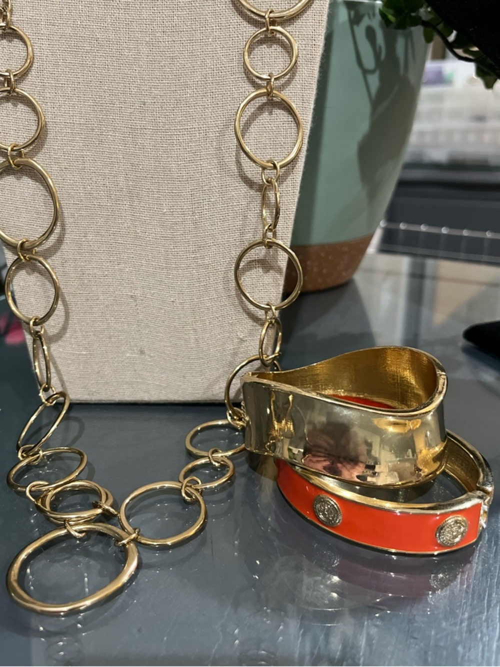 N129 Coral Enamel Bangle, Gold-tone Bangle and Necklace of Circles